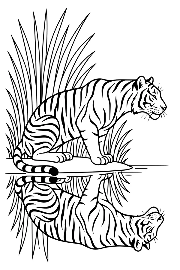 Free Tiger Coloring Page - Crouching by Pond With Reflection (Printable PDF)