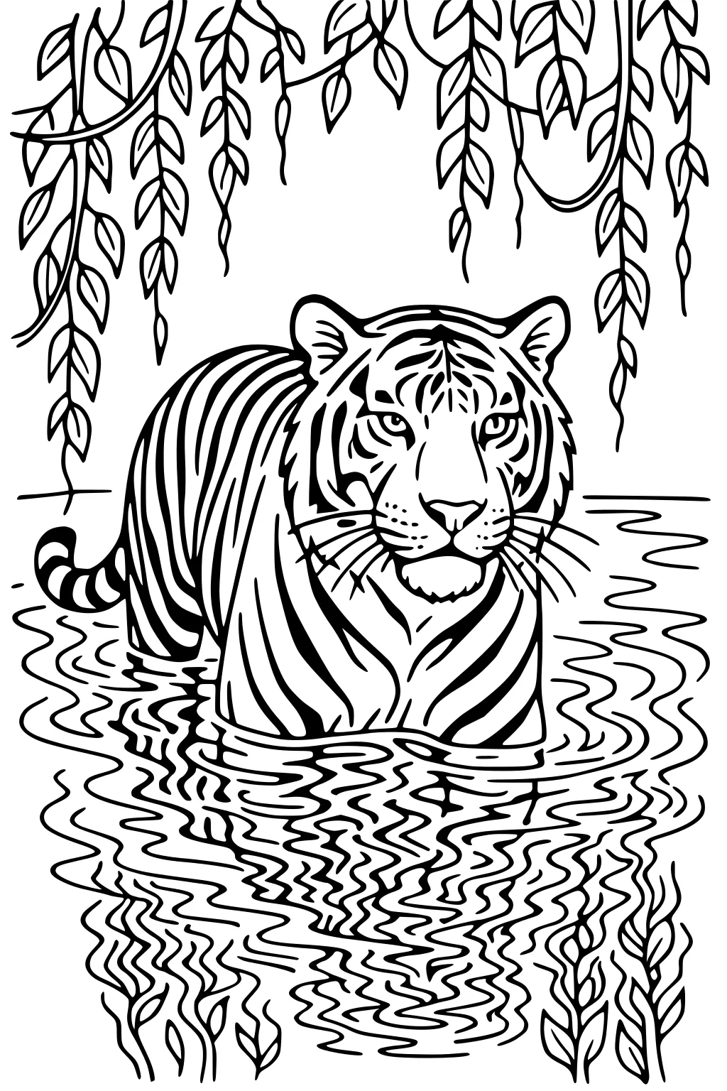 Tiger waist-deep in water with leafy jungle vines hanging above and wavy reflections in the pond below.