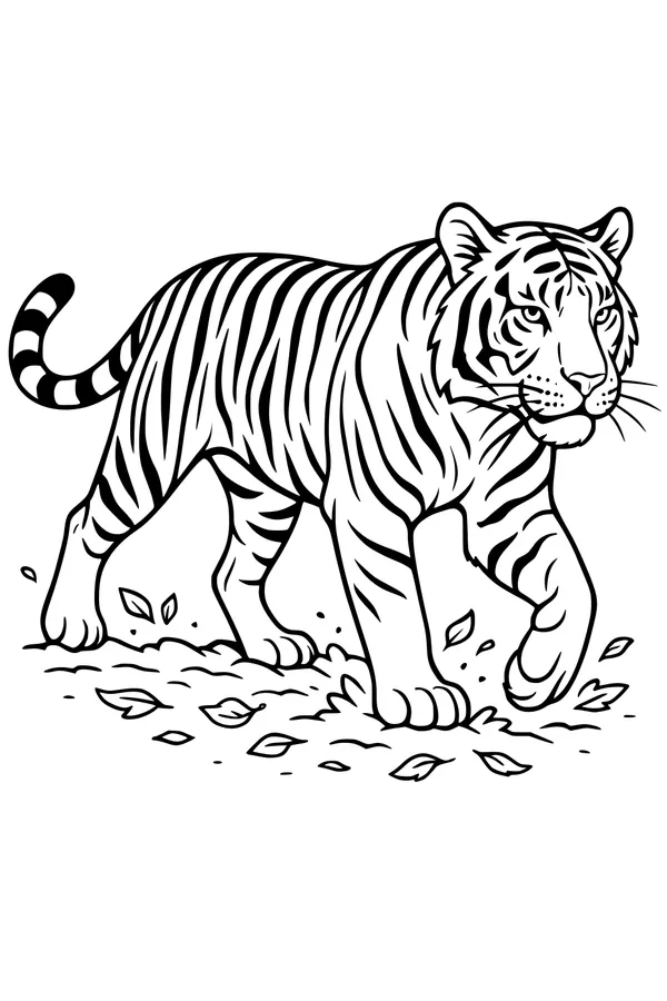 Free Tiger Coloring Page - Striped Tiger Walking Through Leaves (Printable PDF)