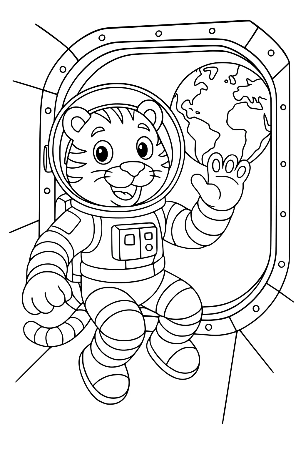 Tiger in an astronaut suit floating and waving through a spaceship window with Earth in the background.