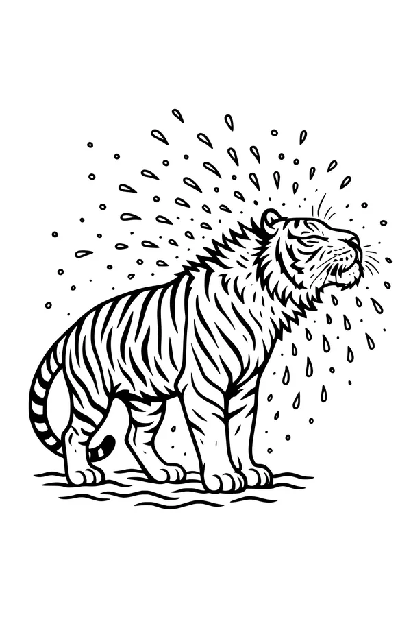 Free Tiger Coloring Page - Shaking Off Water (Printable PDF)