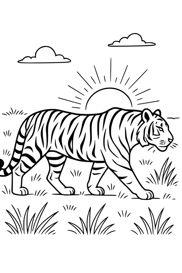 Free Tiger Coloring Page - Striped Tiger at Sunrise (Printable PDF)