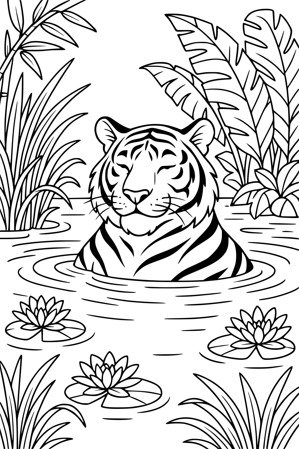 A striped tiger sits in a pond with lily pads, tall grass, and big jungle leaves behind him.