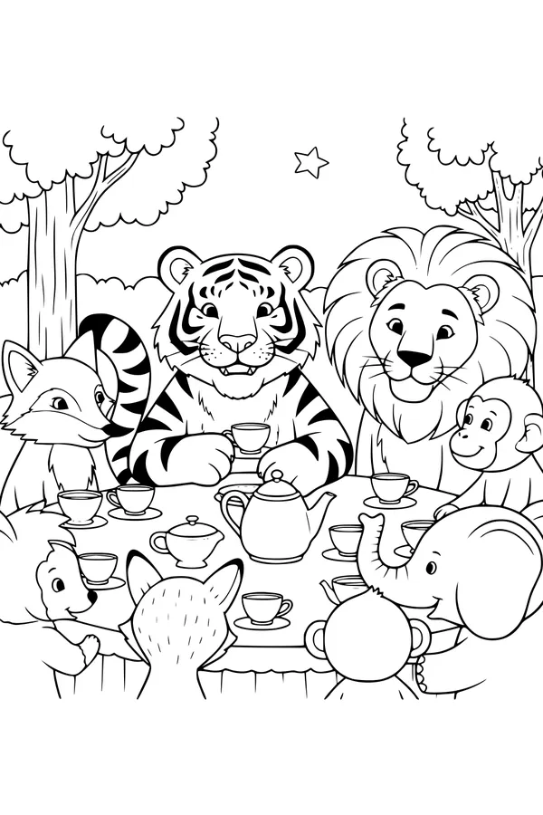 Free Tiger Coloring Page - Forest Tea Party With Animal Friends (Printable PDF)