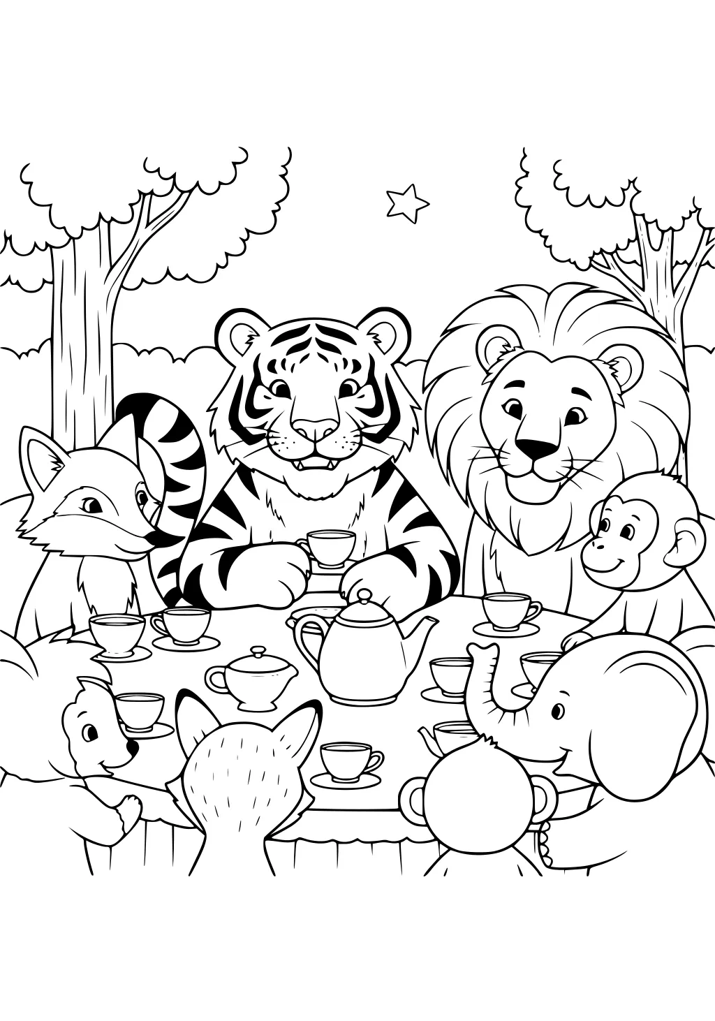 Tiger, lion, monkey, fox, elephant, and other animals sitting at an outdoor tea party with cups and teapots.