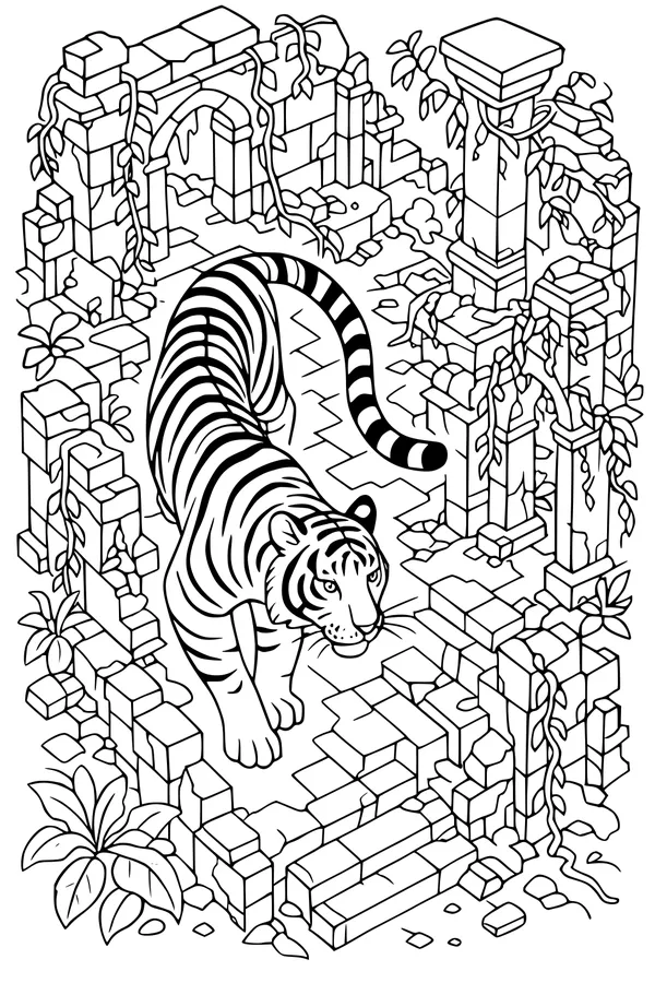 Free Tiger Coloring Page - Walking Through Ancient Stone Ruins (Printable PDF)