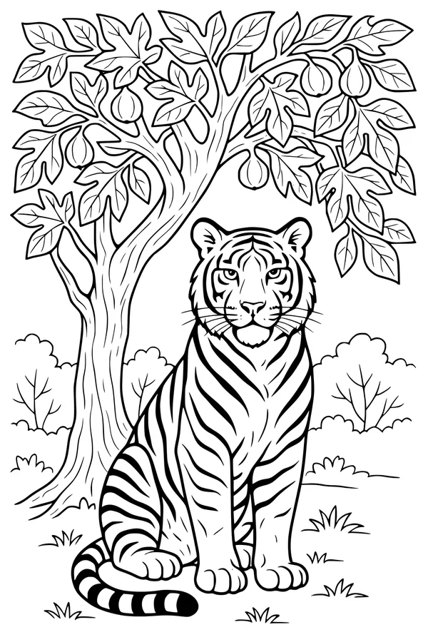 Free Tiger Coloring Page - Sitting Tiger Under Fig Tree (Printable PDF)