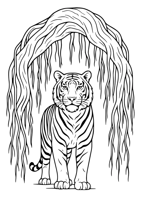 Free Tiger Coloring Page - Calm Tiger Under Banyan Tree (Printable PDF)