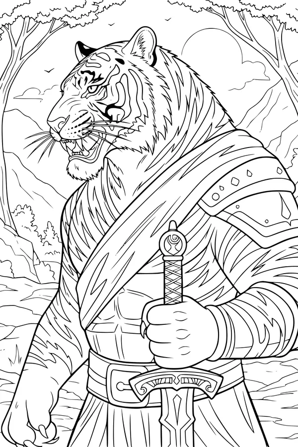 Free Tiger Coloring Page - Brave Tiger Warrior With Sword (Printable PDF)