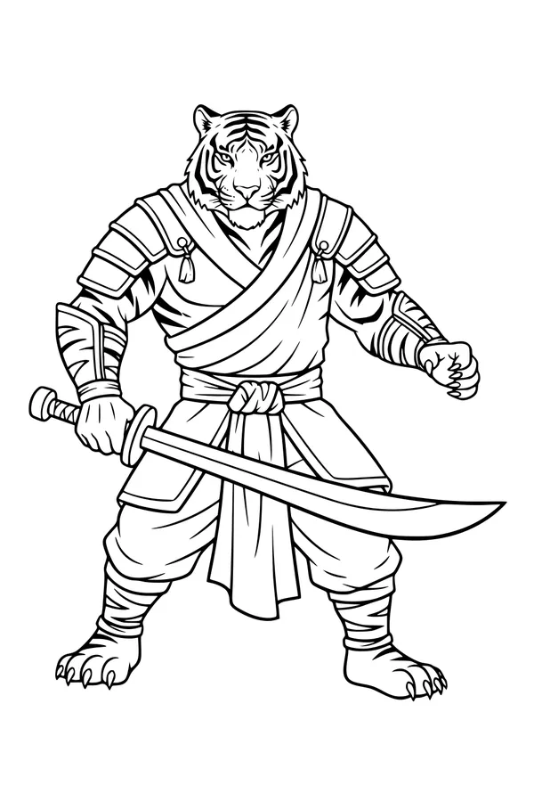 Free Tiger Coloring Page - Brave Warrior in Battle Armor (Printable PDF)