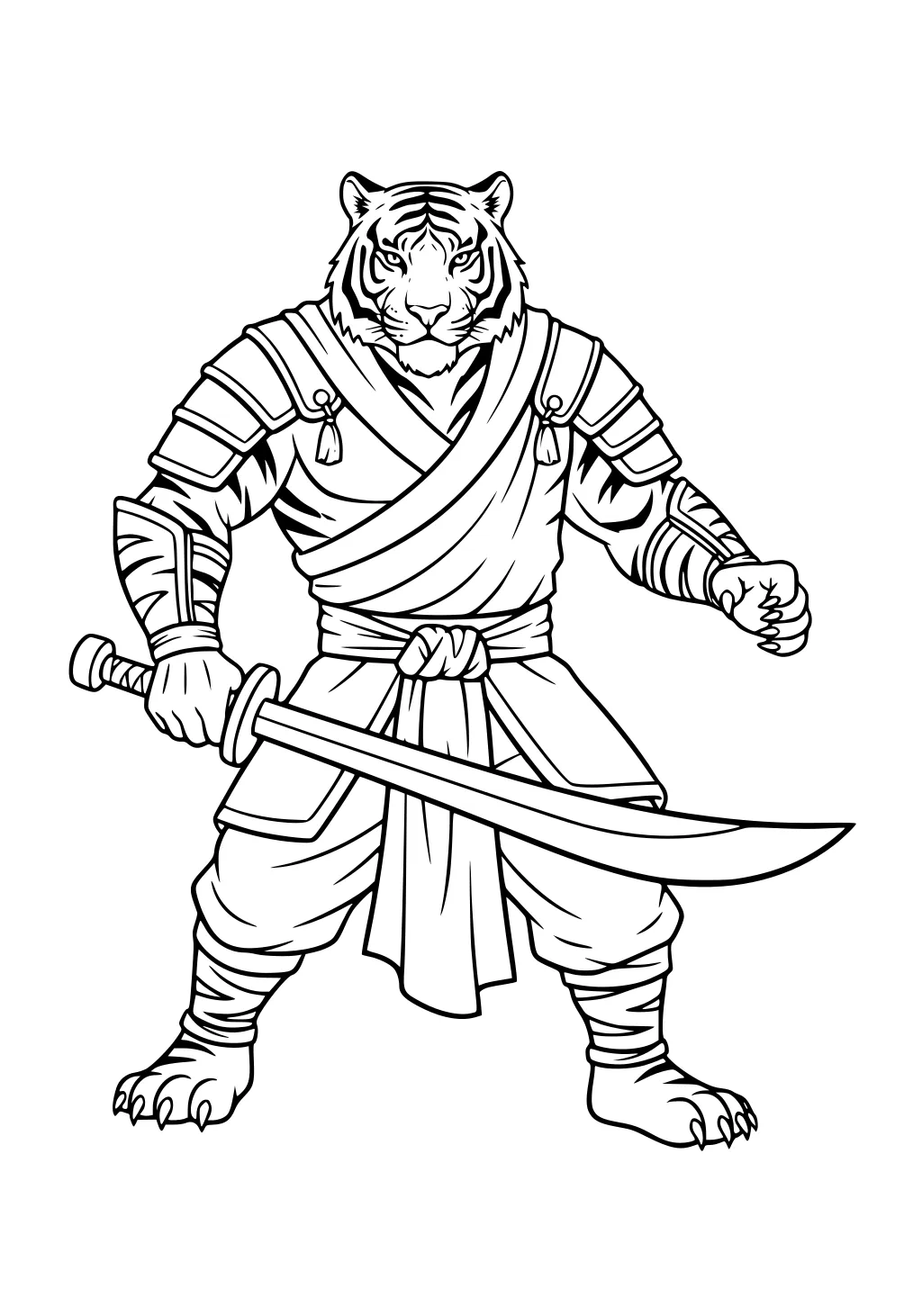 Tiger warrior in armor holding a sword, standing with one paw clenched and the other paw gripping the weapon.