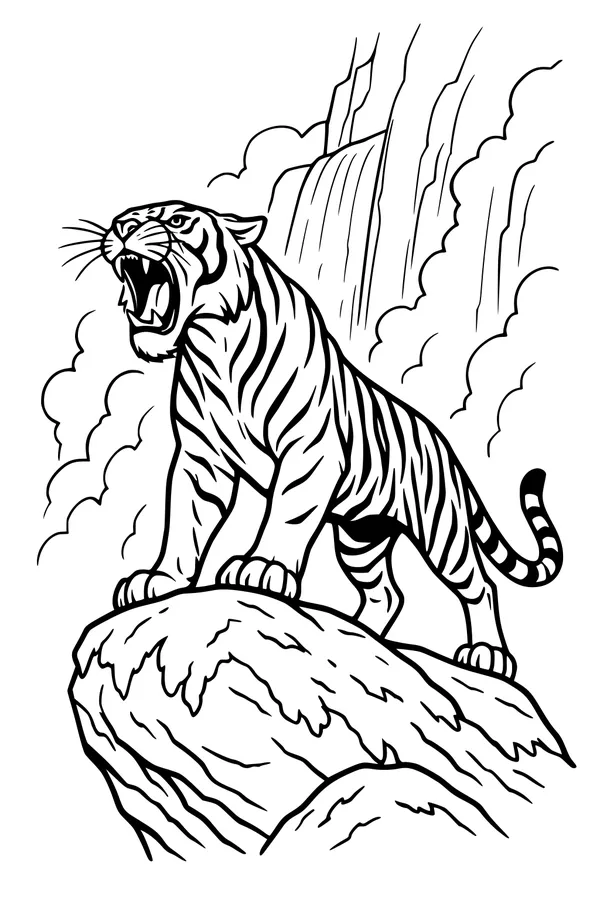 Free Tiger Coloring Page - Roaring Big Cat by the Waterfall (Printable PDF)