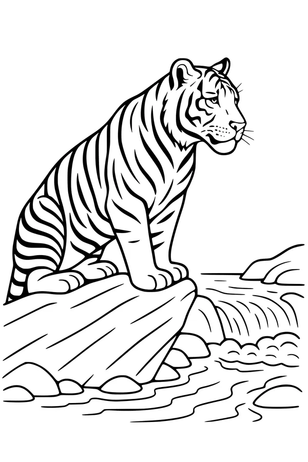 Free Tiger Coloring Page - Striped Tiger by the River (Printable PDF)