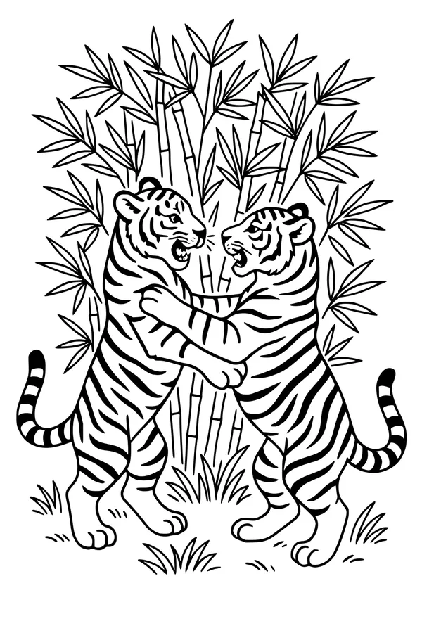 Free Tiger Coloring Page - Two Tigers Tussling in Bamboo Grove (Printable PDF)