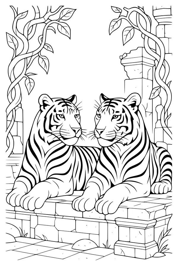 Free Tiger Coloring Page - Twin Tigers on Ancient Jungle Ruins (Printable PDF)