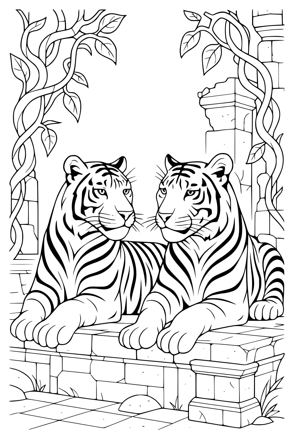 Two tigers lying together on stone steps surrounded by jungle vines and ancient stone columns.