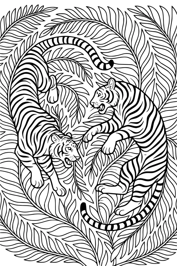 Free Tiger Coloring Page - Playful Tigers in Jungle Leaves (Printable PDF)