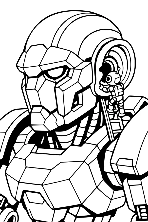 Free Robot Coloring Page - Tiny Mechanic Climbing Giant Bot (Printable PDF)