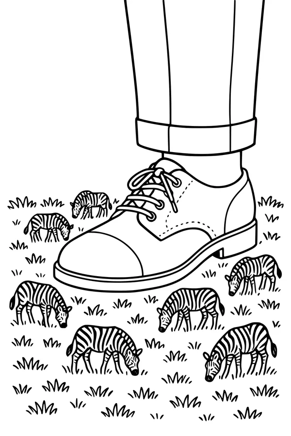 Free Zebra Coloring Page - Tiny Zebras Around a Big Shoe (Printable PDF)