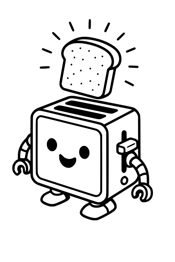 Free Toaster Robot Coloring Page - Happy Toast-Bot Popping Up (Printable PDF)
