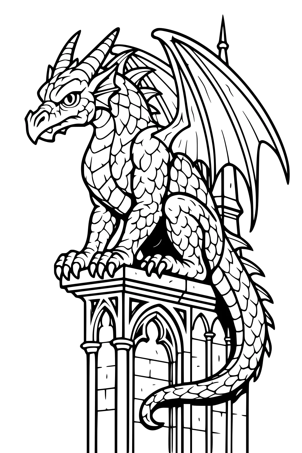 Winged dragon on a gothic tower ledge with horns, curled tail, sharp claws, layered scales, arched windows, and a pointed spire.