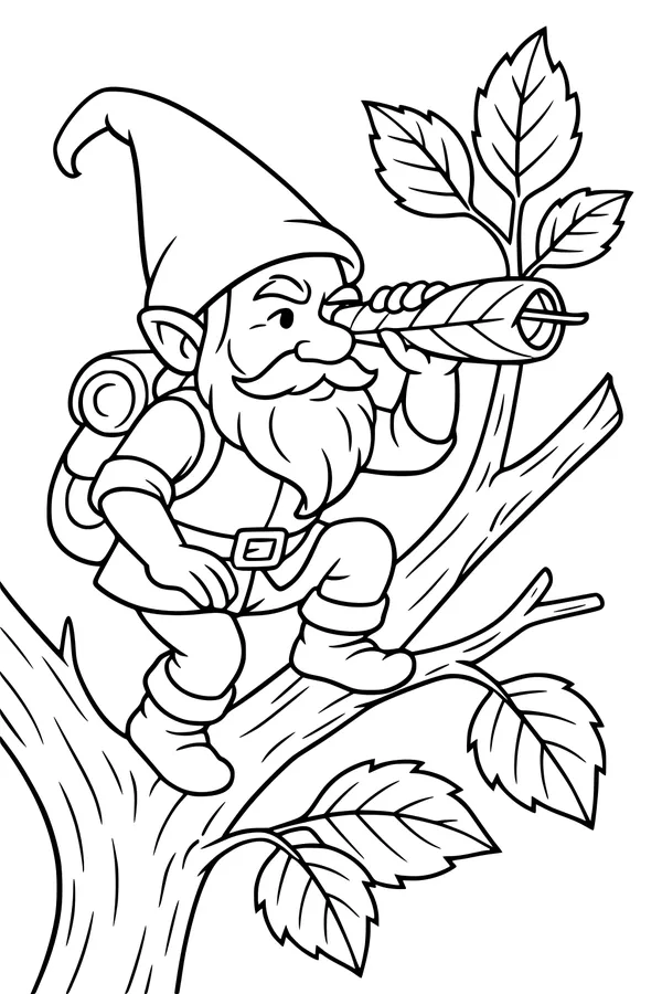 Free Gnome Coloring Page - Tree-Top Scout With Leaf Telescope (Printable PDF)