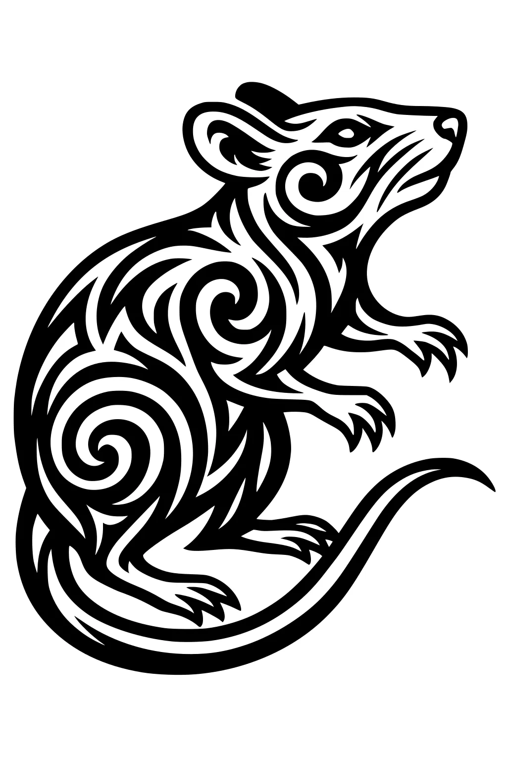 Rat with swirling patterns and a long tail in bold black lines, sitting upright and facing to the right.