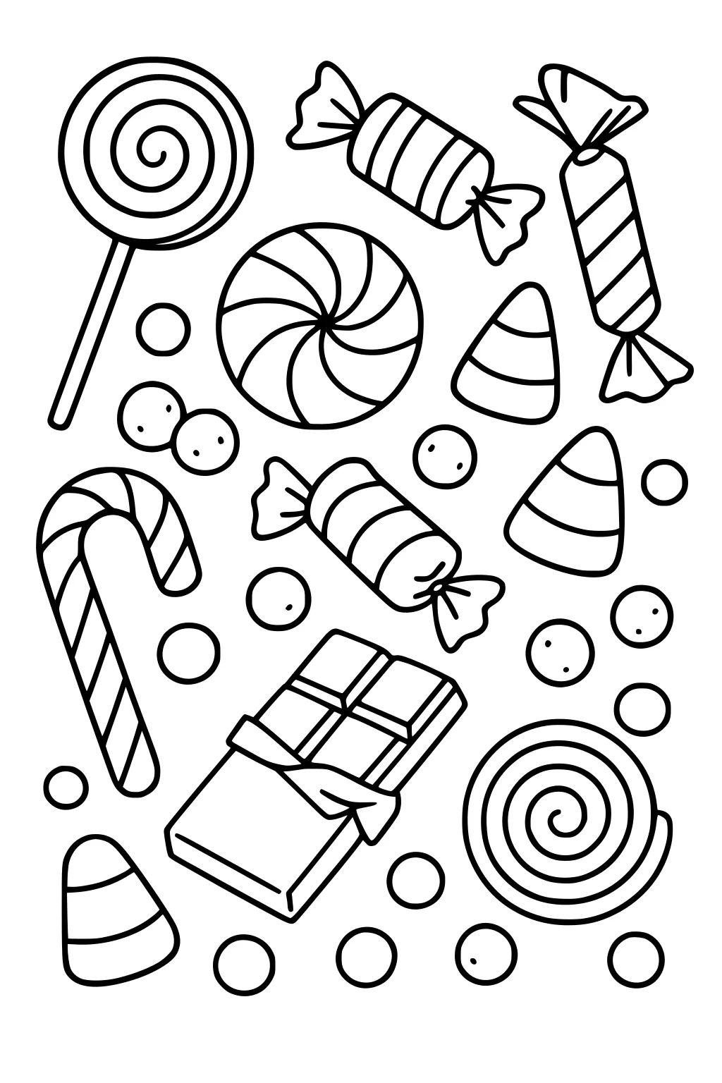 Assorted Halloween candies: lollipops, candy corn, candy cane, wrapped sweets, chocolate bar, and round candies scattered across the page.