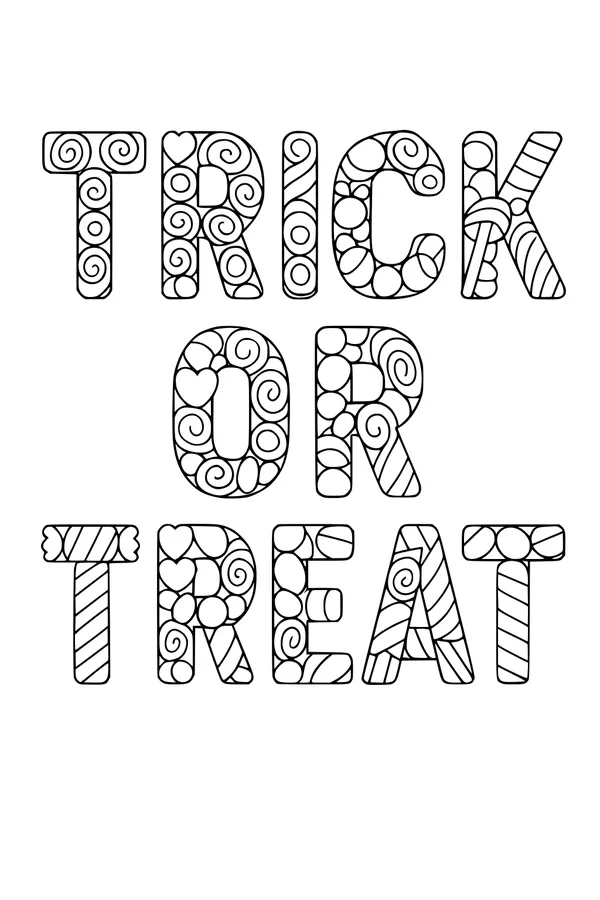 Free Trick or Treat Coloring Page - Patterned Bubble Letters (Printable PDF)