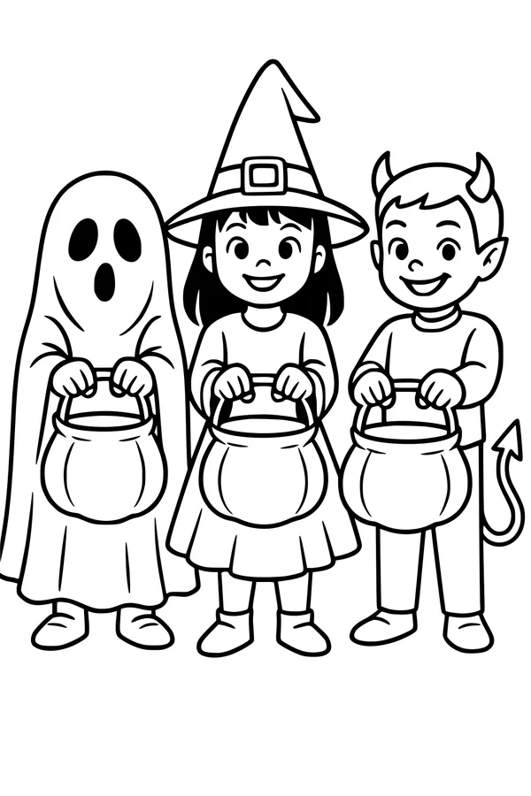 Free Trick-or-Treat Kids Coloring Page - Ghost, Witch, and Devil Costumes (Printable PDF)