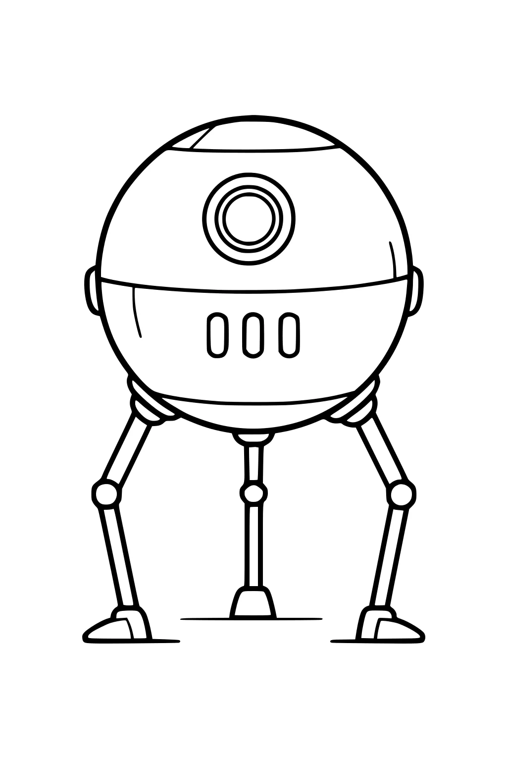 Round tripod robot with one central eye, three vents, dome top, and three jointed legs with foot pads on a simple ground line.