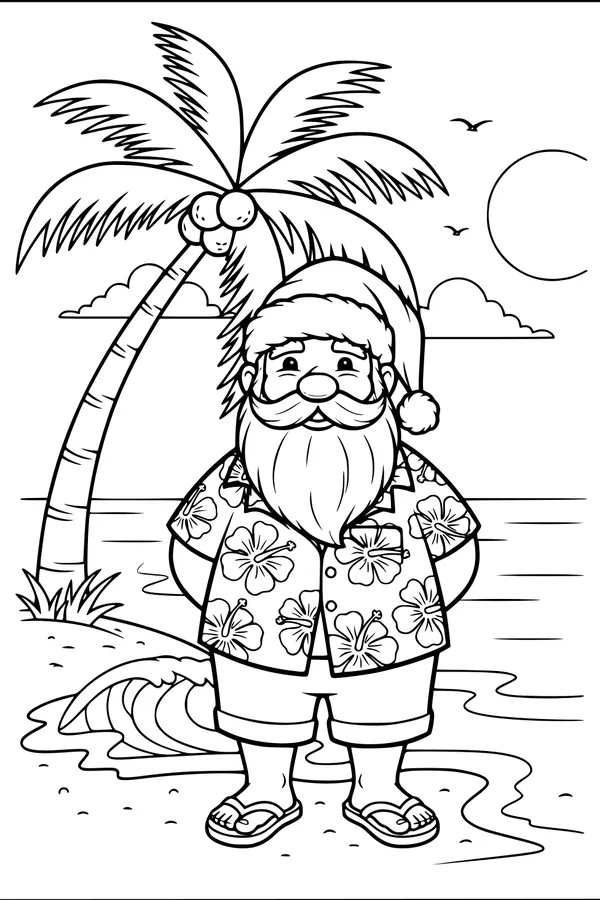 Free Santa Claus Coloring Page - Tropical Beach Vacation (Printable PDF)