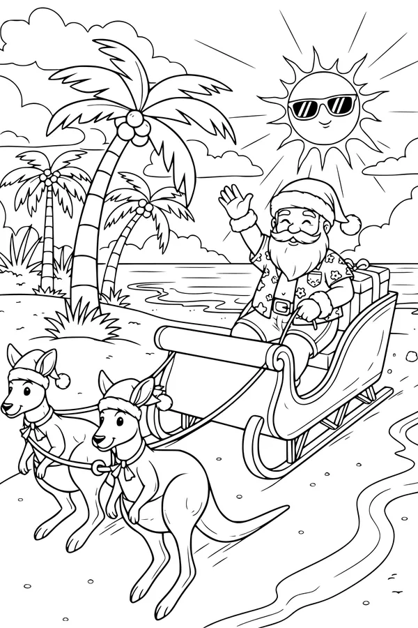 Free Santa Claus Coloring Page - Tropical Beach Sleigh Ride With Kangaroos (Printable PDF)