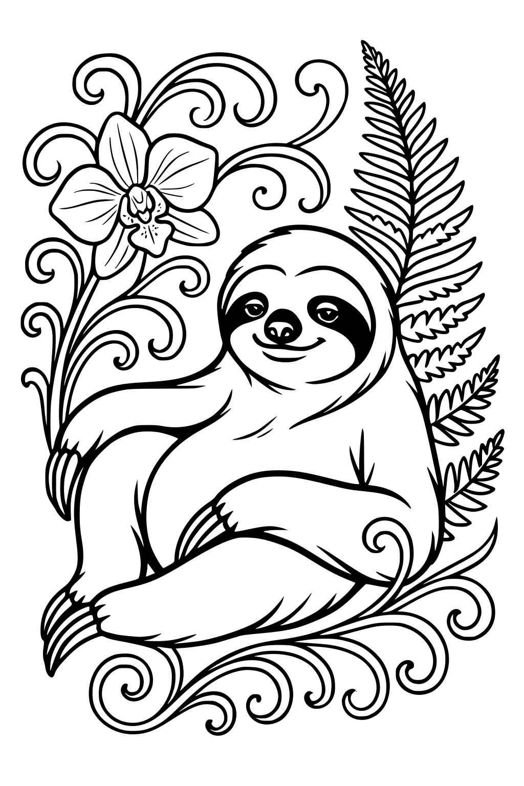 A smiling sloth sits surrounded by swirling vines, an orchid flower, and a fern leaf in a simple line drawing.