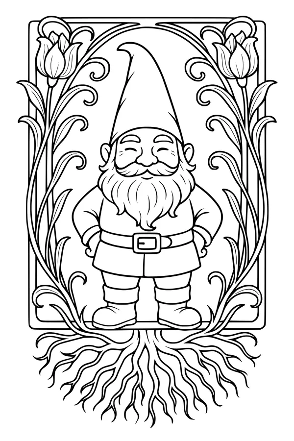 Free Gnome Coloring Page - Smiling Garden Gnome in Tulip Frame (Printable PDF)