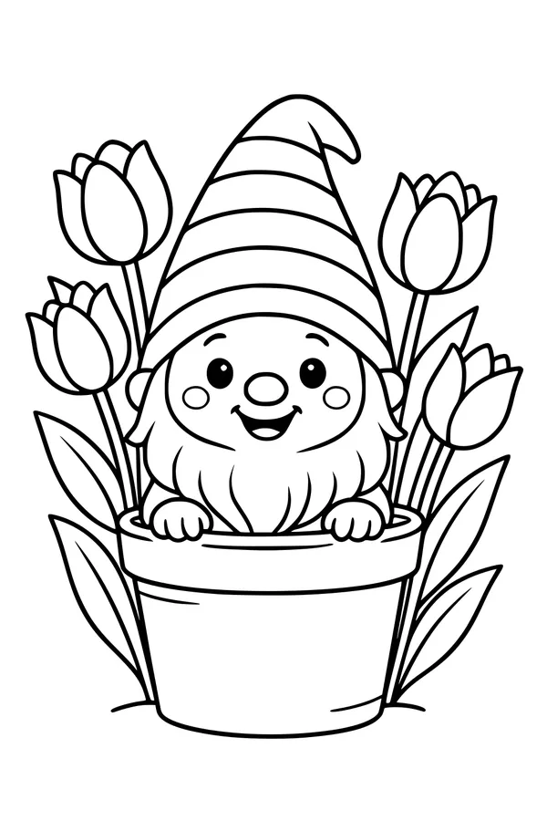 Free Gnome Coloring Page - Smiling Tulip Pot Peekaboo (Printable PDF)