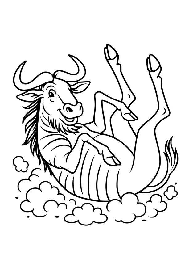 Free Wildebeest Coloring Page - Cartoon Gnu Rolling in Dust (Printable PDF)