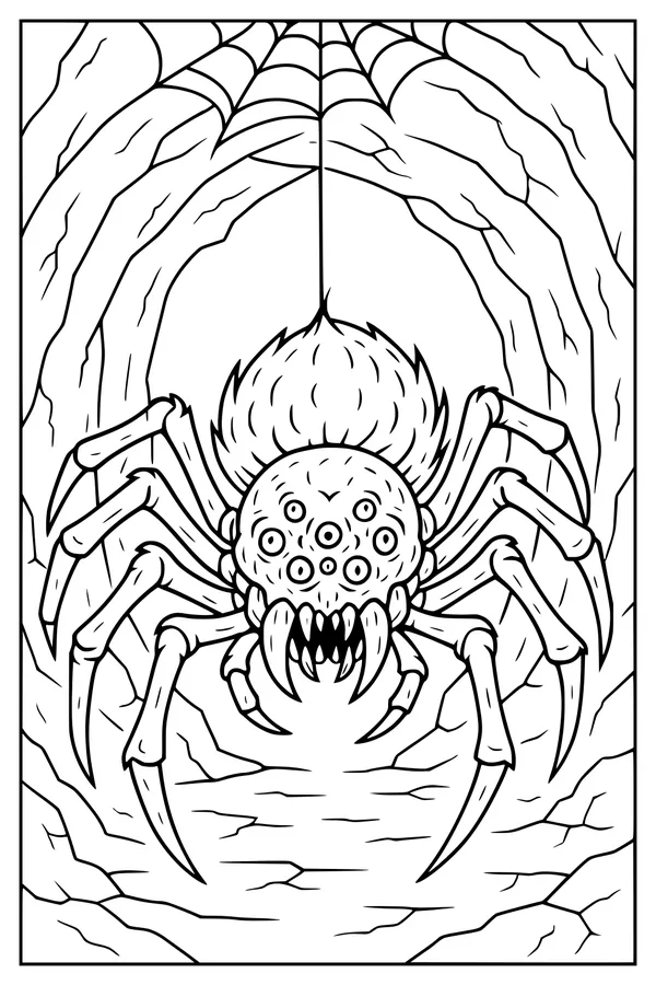 Free Monster Spider Coloring Page - Cave Tunnel Web Creature (Printable PDF)