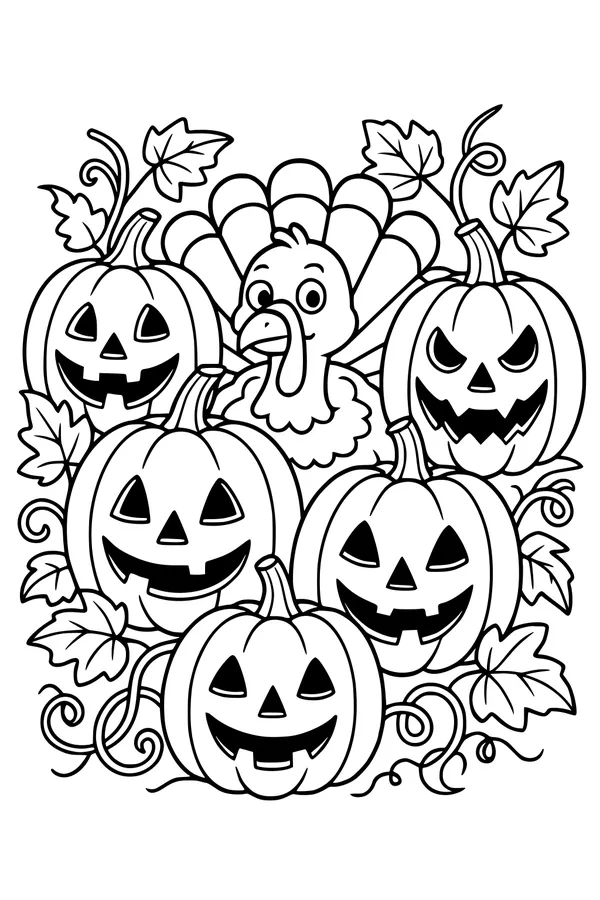 Free Turkey Coloring Page - Peeking Through Pumpkin Patch (Printable PDF)