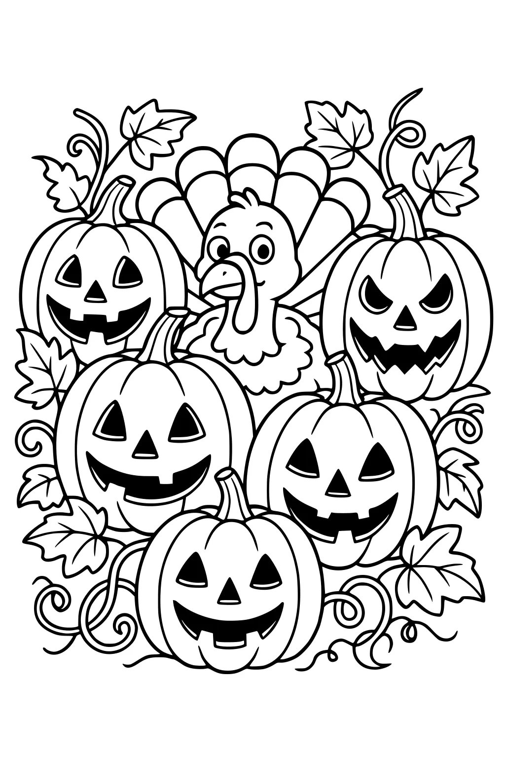 Turkey peeks behind carved pumpkins; fanned tail, curling vines, big leaves, and smiling and spooky jack-o'-lantern faces.