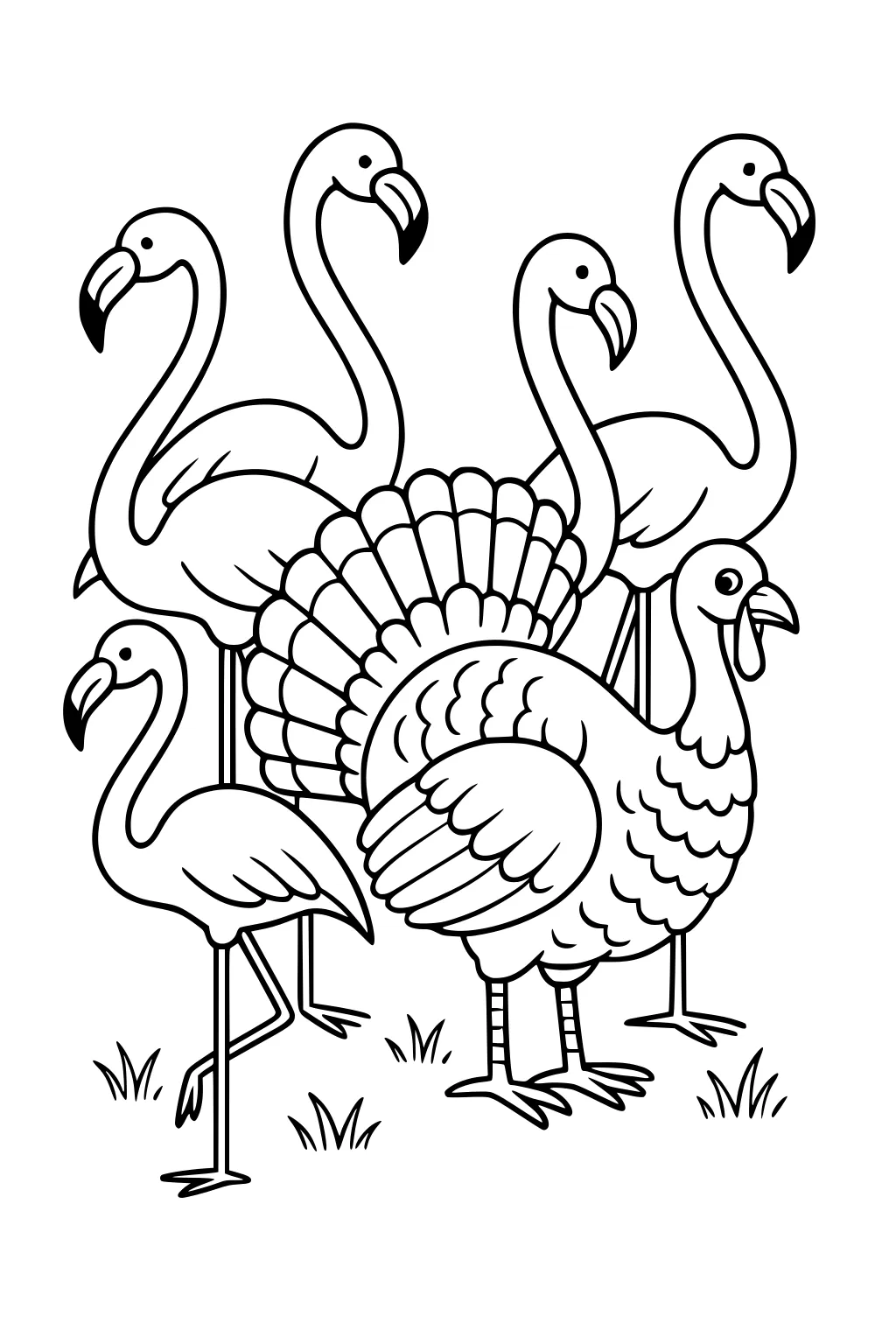 Turkey with fanned tail stands among five flamingos with curved necks; small grass tufts below; simple outline drawing.