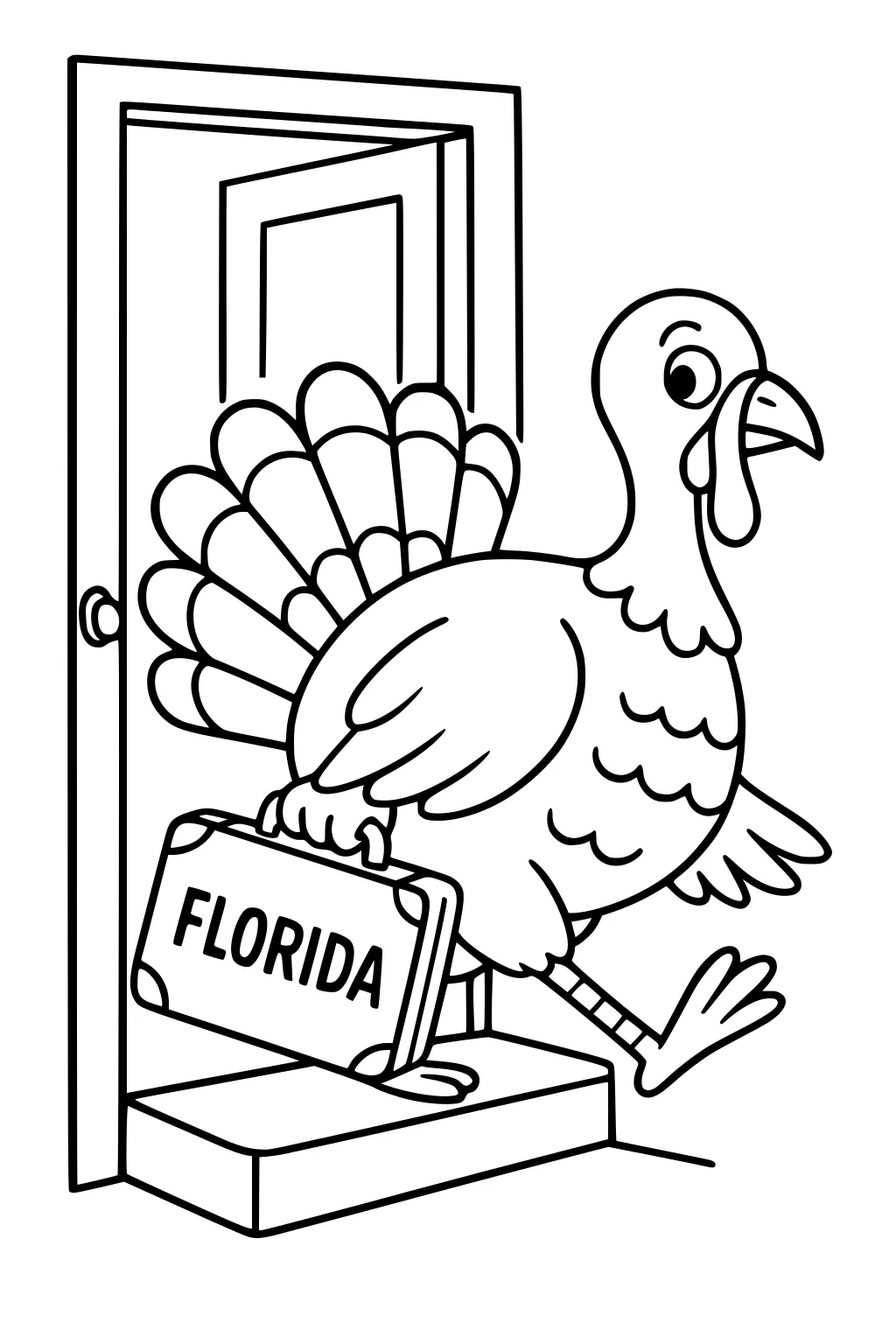 Cartoon turkey exits a door with a suitcase labeled Florida, tail feathers fanned, beak open, one foot lifted on the step.