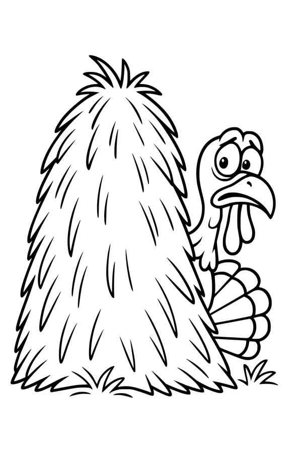 Free Turkey Coloring Page - Silly Thanksgiving Turkey Hiding Behind Haystack (Printable PDF)