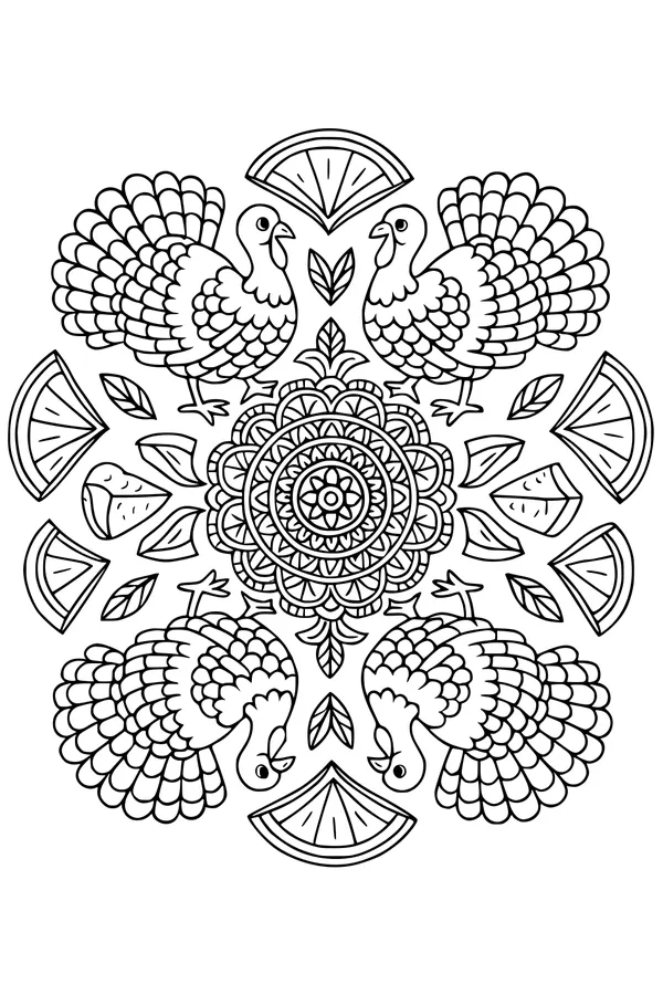 Free Turkey Mandala Coloring Page - Harvest Pie and Autumn Leaves (Printable PDF)