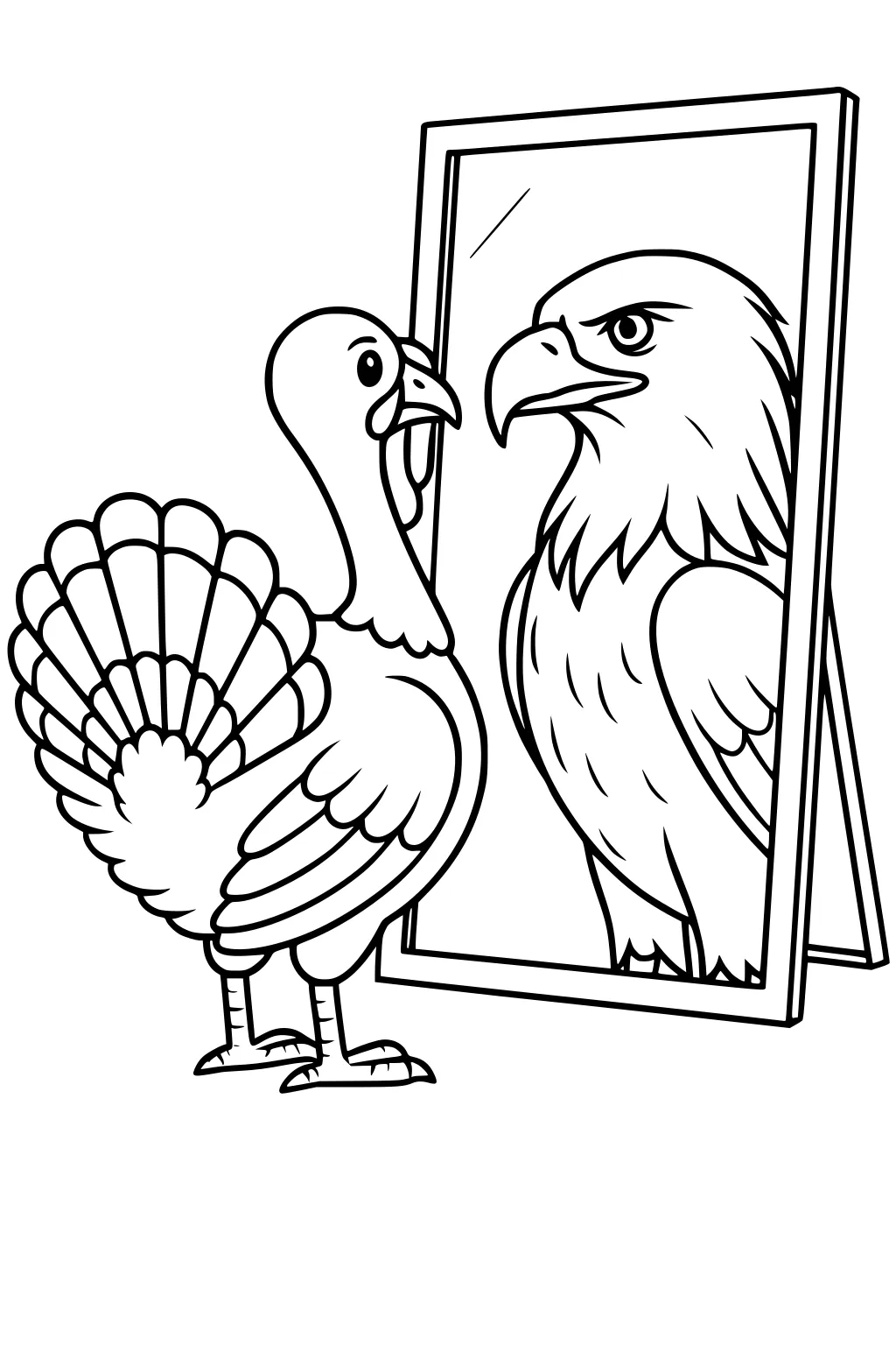 Turkey looks into a standing mirror that reflects an eagle instead, fan tail spread, open beak, bold outlines, simple background.