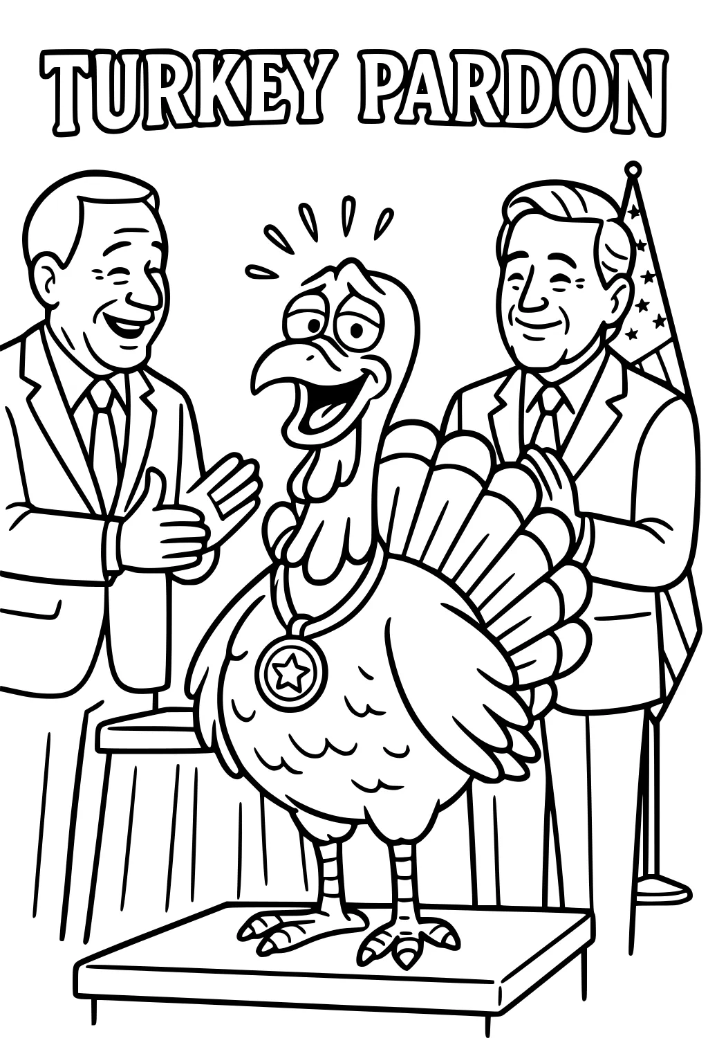 Smiling turkey with star medal on platform; two suited men clap; tail fanned; flag behind; title above reads TURKEY PARDON.