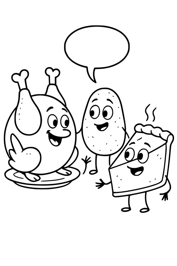 Free Thanksgiving Food Friends Coloring Page - Turkey, Potato, and Pie Talking (Printable PDF)