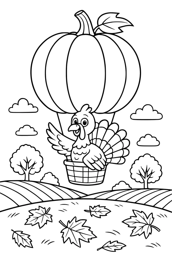 Free Turkey Coloring Page - Pumpkin Hot Air Balloon Adventure (Printable PDF)