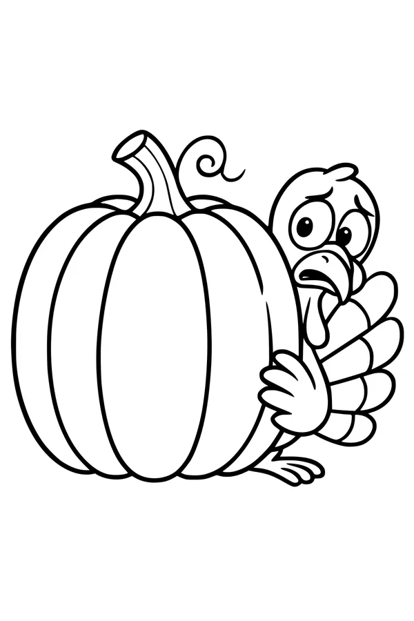 Free Turkey Coloring Page - Peekaboo Behind a Pumpkin (Printable PDF)