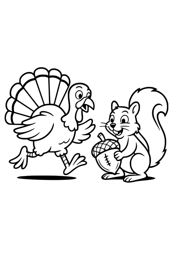 Free Thanksgiving Turkey Coloring Page - Turkey Trot to Squirrel with Giant Acorn (Printable PDF)